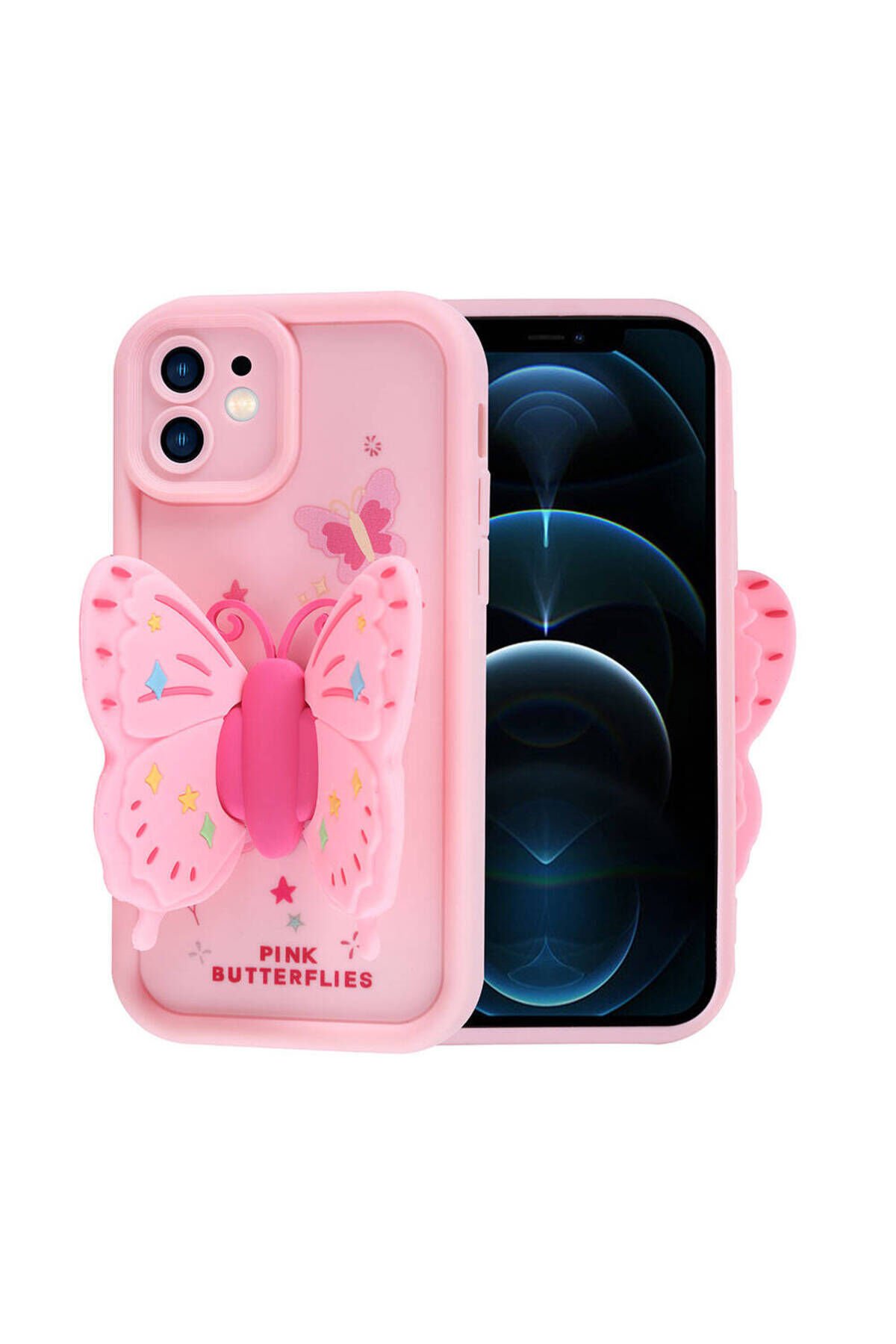 iPhone 12 Kılıf Kamera Korumalı Figür Tasarımlı BSAY Kapya Kapak-Pembe Koyu Koyu Kahve