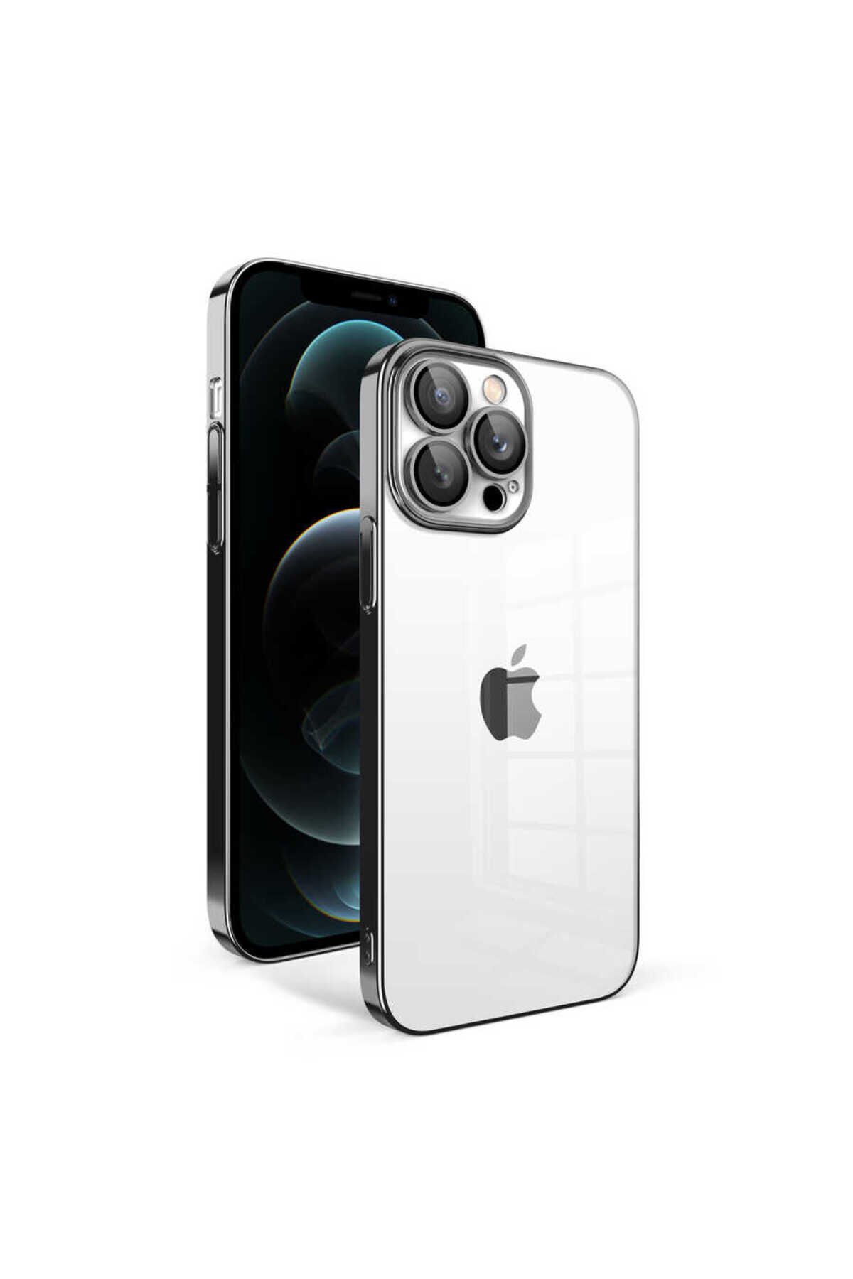 iPhone 12 Pro Max Uyumlu Kamera Korumalı Renkli Çerçeveli BSAY Garaj Kılıf-Gümüş Siyah