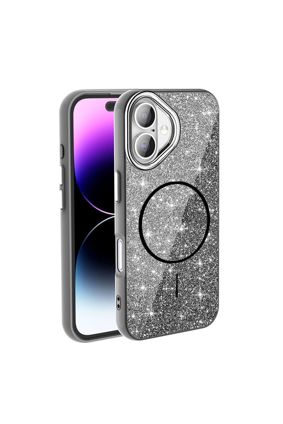 iPhone 17 Kılıf M-safe Şarj Özellikli Parlayan Simli BSAY Okso Kapak - Pembe Siyah