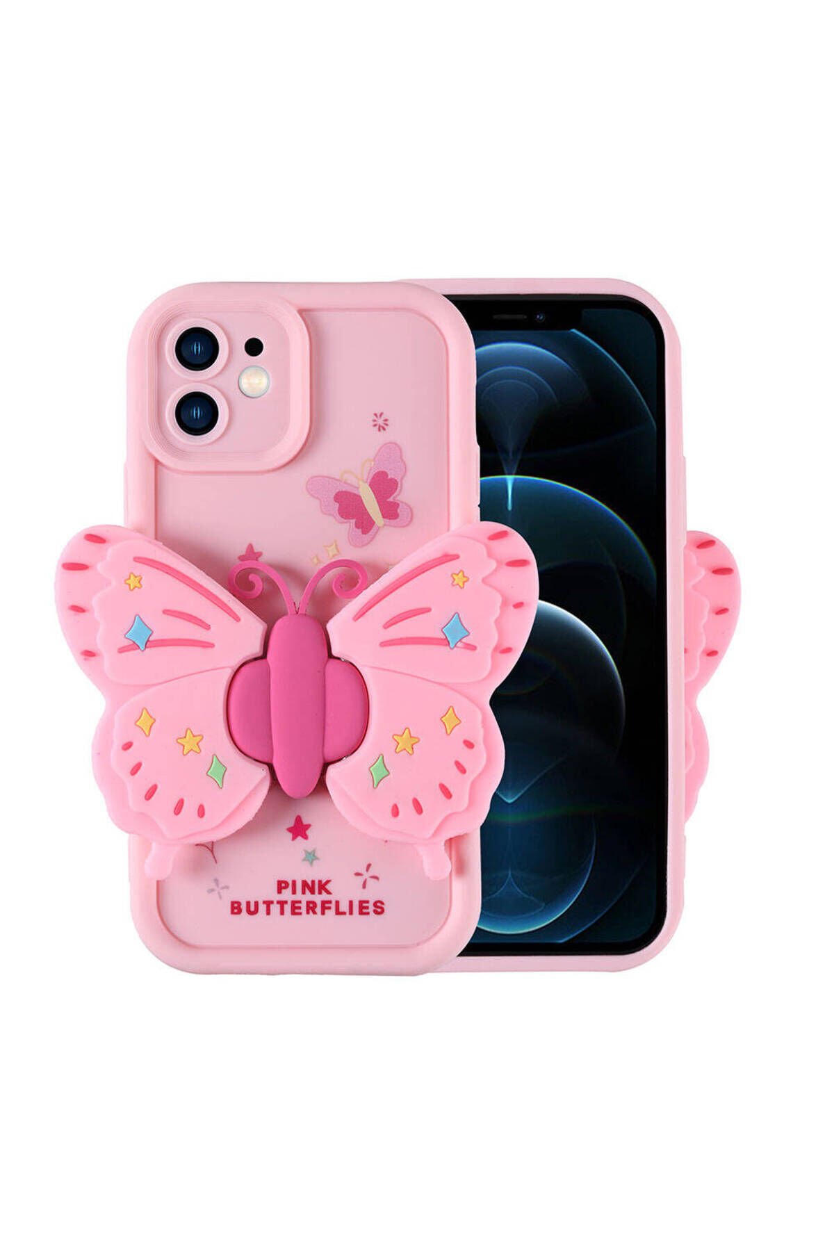 iPhone 12 Kılıf Kamera Korumalı Figür Tasarımlı BSAY Kapya Kapak-Pembe Koyu Pembe Açık