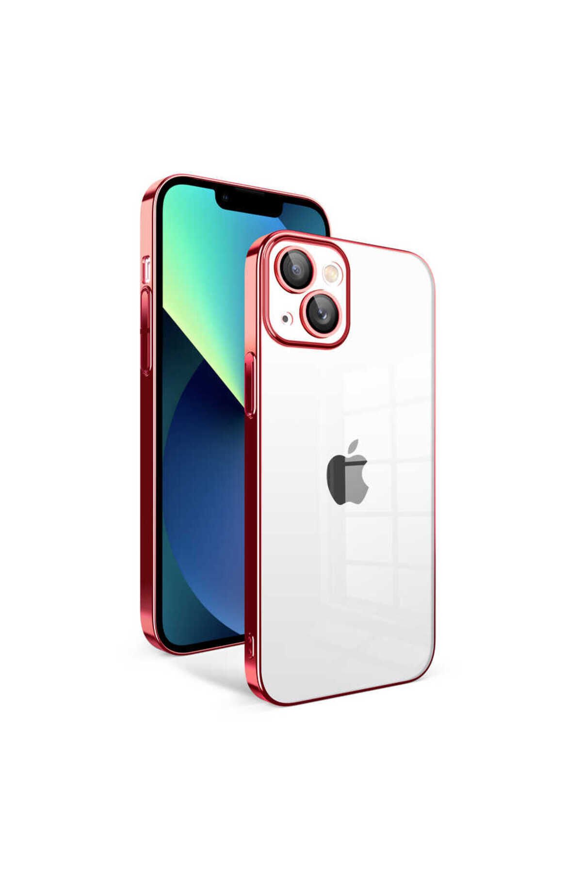 iPhone 13 Uyumlu Kamera Korumalı Renkli Çerçeveli BSAY Garaj Kılıf-Kırmızı Kırmızı