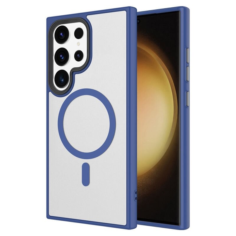 Galaxy S23 Ultra Kılıf Mat Arka Yüzey Wireless Şarj Özellikli Zore Flet M-safe Kılıf Lacivert