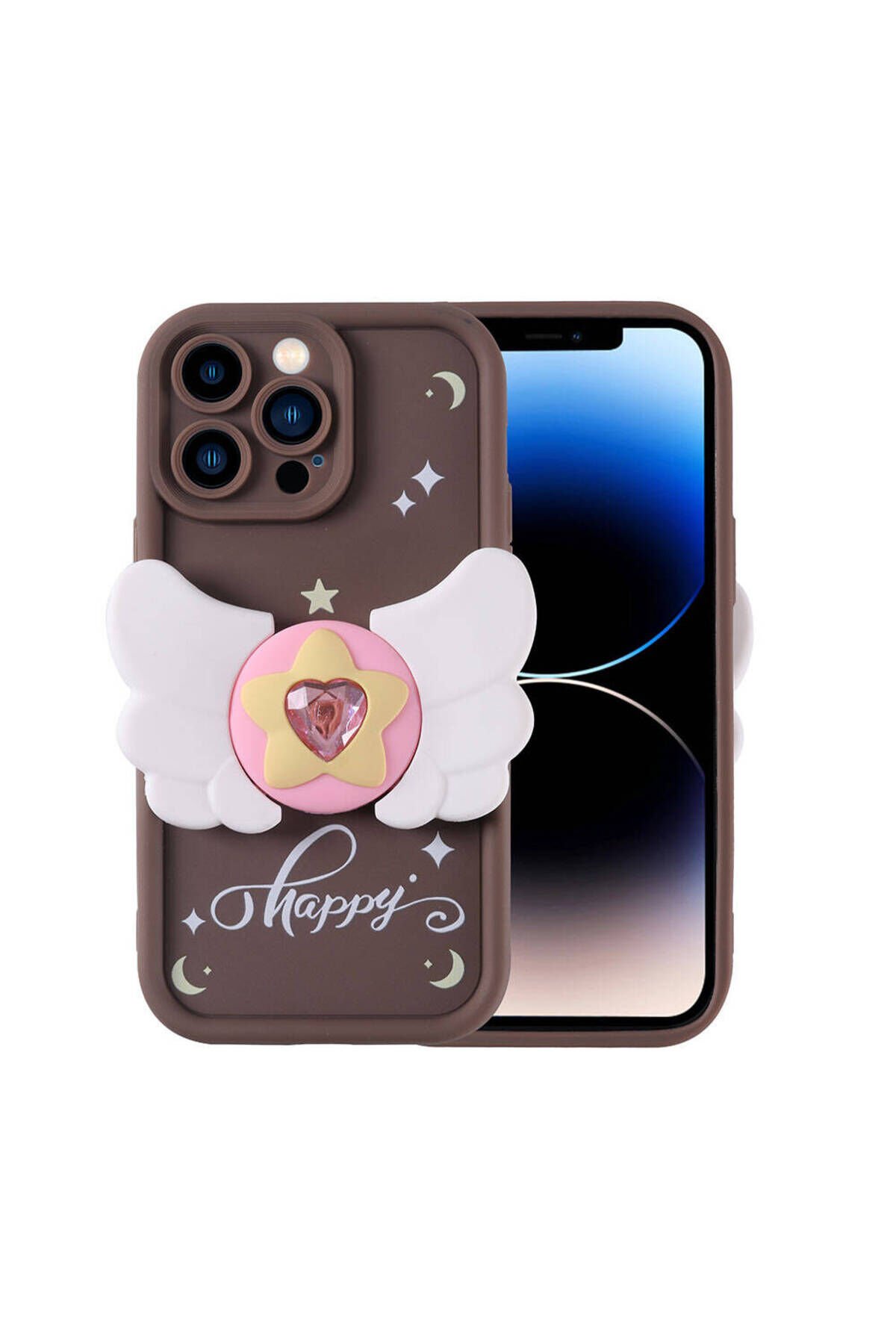 iPhone 14 Pro Kılıf Kamera Korumalı Figür Tasarımlı BSAY Kapya Kapak-Pembe Açık Koyu Kahve