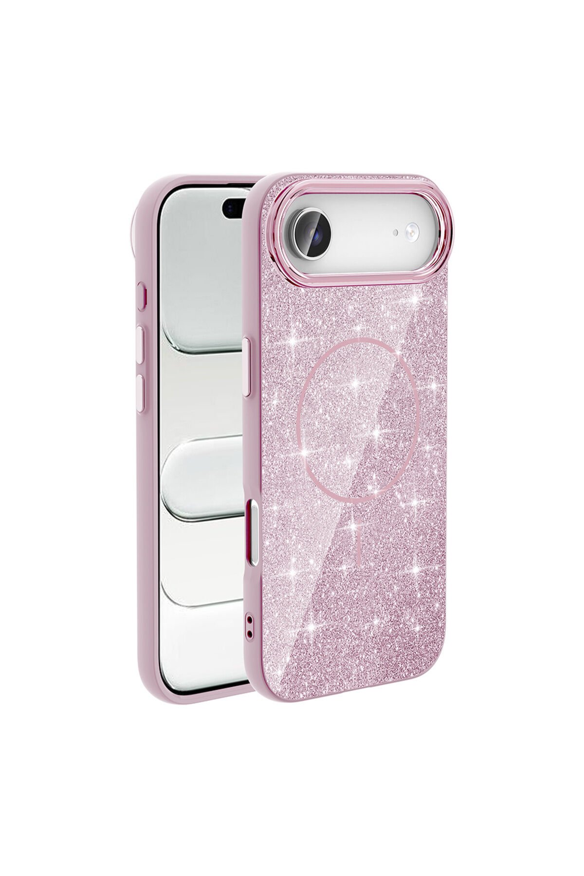 iPhone 17 Air Kılıf M-safe Şarj Özellikli Parlayan Simli SBT Okso Kapak - Pembe Pembe