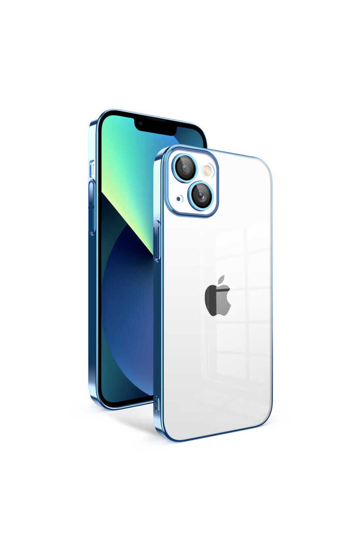 iPhone 13 Uyumlu Kamera Korumalı Renkli Çerçeveli BSAY Garaj Kılıf-Kırmızı Mavi Açık