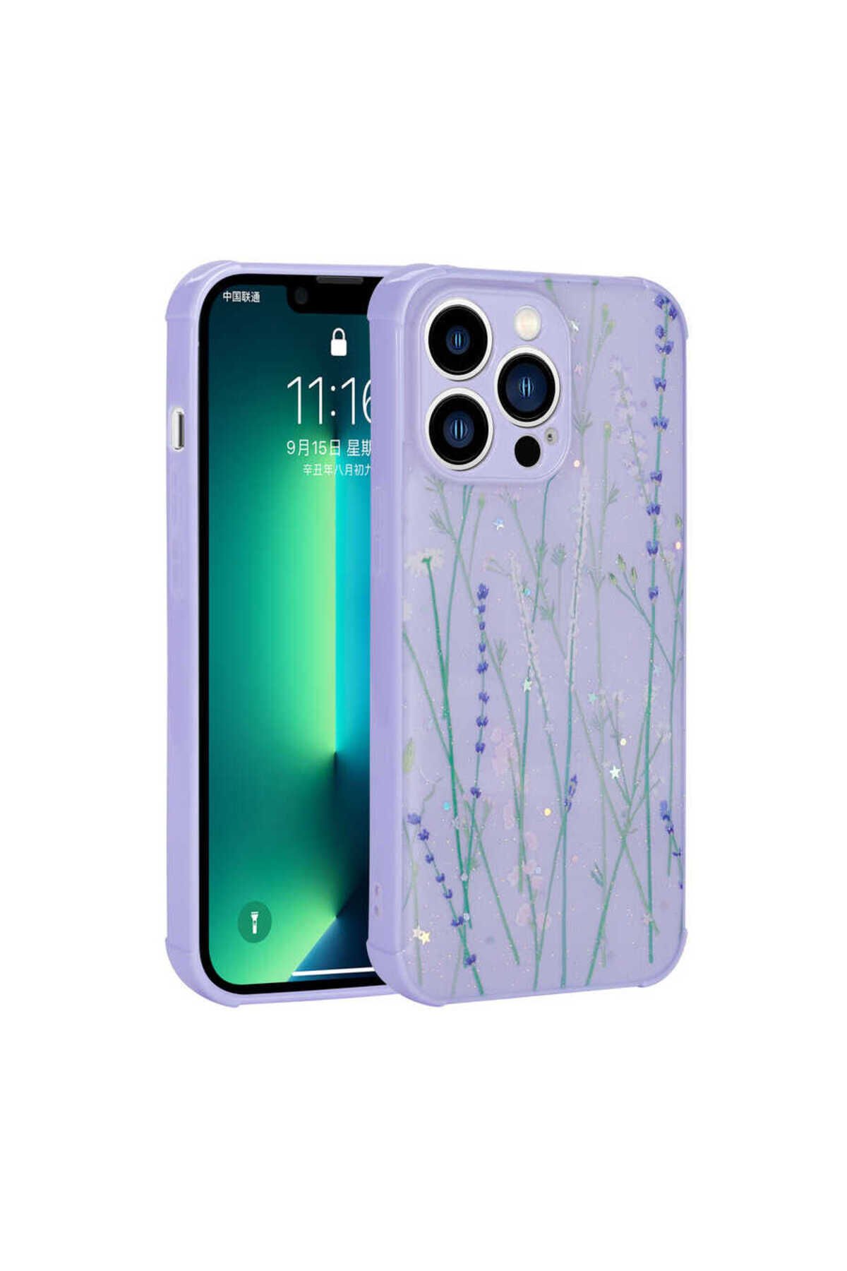 iPhone 13 Pro Max Uyumlu Simli Desenli Kamera Korumalı Parlak BSAY Popy Kılıf-PaNSM-ya Dallar