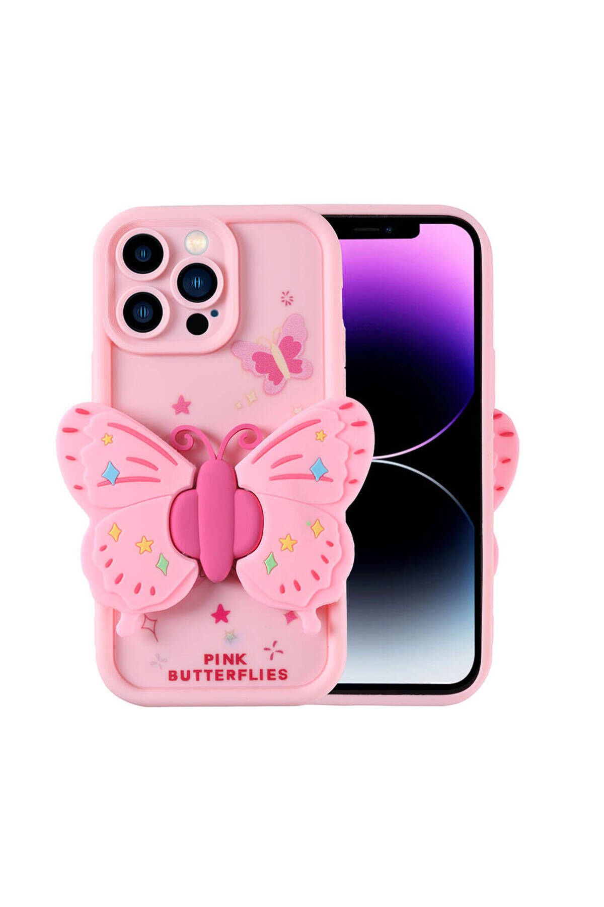 iPhone 14 Pro Max Kılıf Kamera Korumalı Figür Tasarımlı BSAY Kapya Kapak-Pembe Koyu Pembe Açık