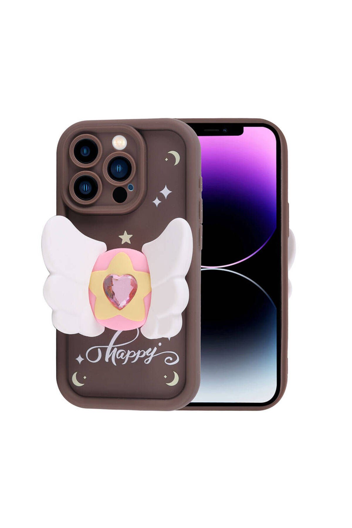 iPhone 14 Pro Max Kılıf Kamera Korumalı Figür Tasarımlı BSAY Kapya Kapak-Pembe Koyu Koyu Kahve