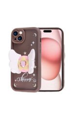 iPhone 15 Kılıf Kamera Korumalı Figür Tasarımlı BSAY Kapya Kapak-Koyu Kahve Pembe Koyu