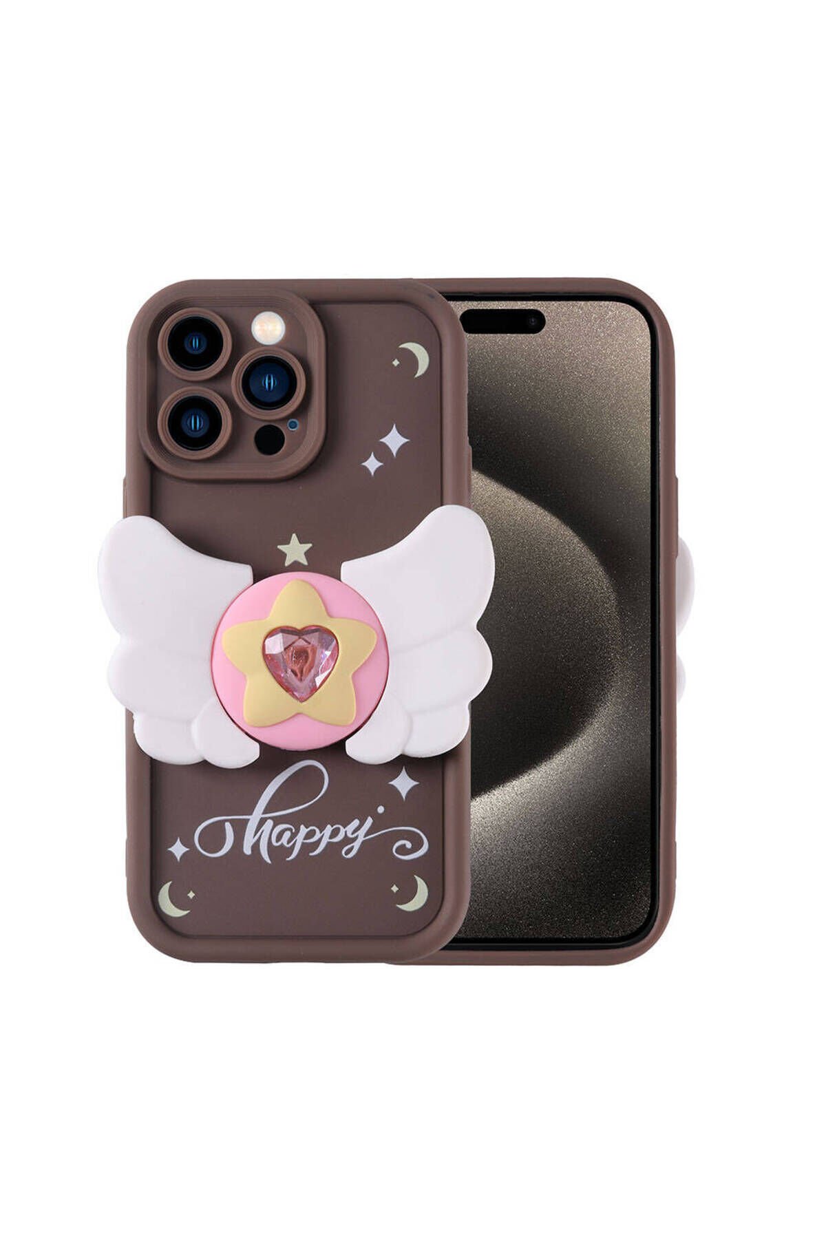 iPhone 15 Pro Kılıf Kamera Korumalı Figür Tasarımlı BSAY Kapya Kapak-Pembe Koyu Koyu Kahve