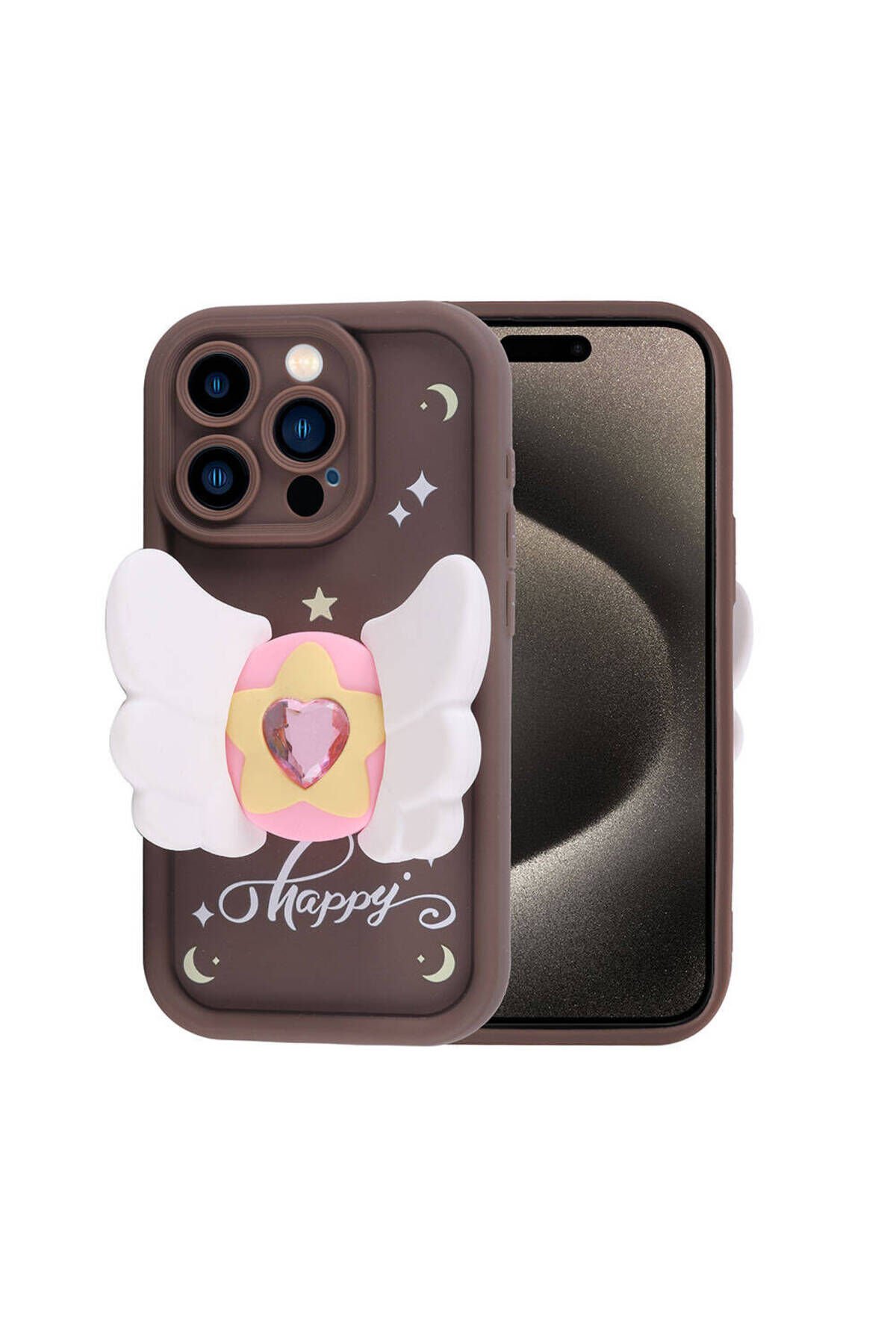 iPhone 15 Pro Kılıf Kamera Korumalı Figür Tasarımlı BSAY Kapya Kapak-Pembe Koyu Koyu Kahve