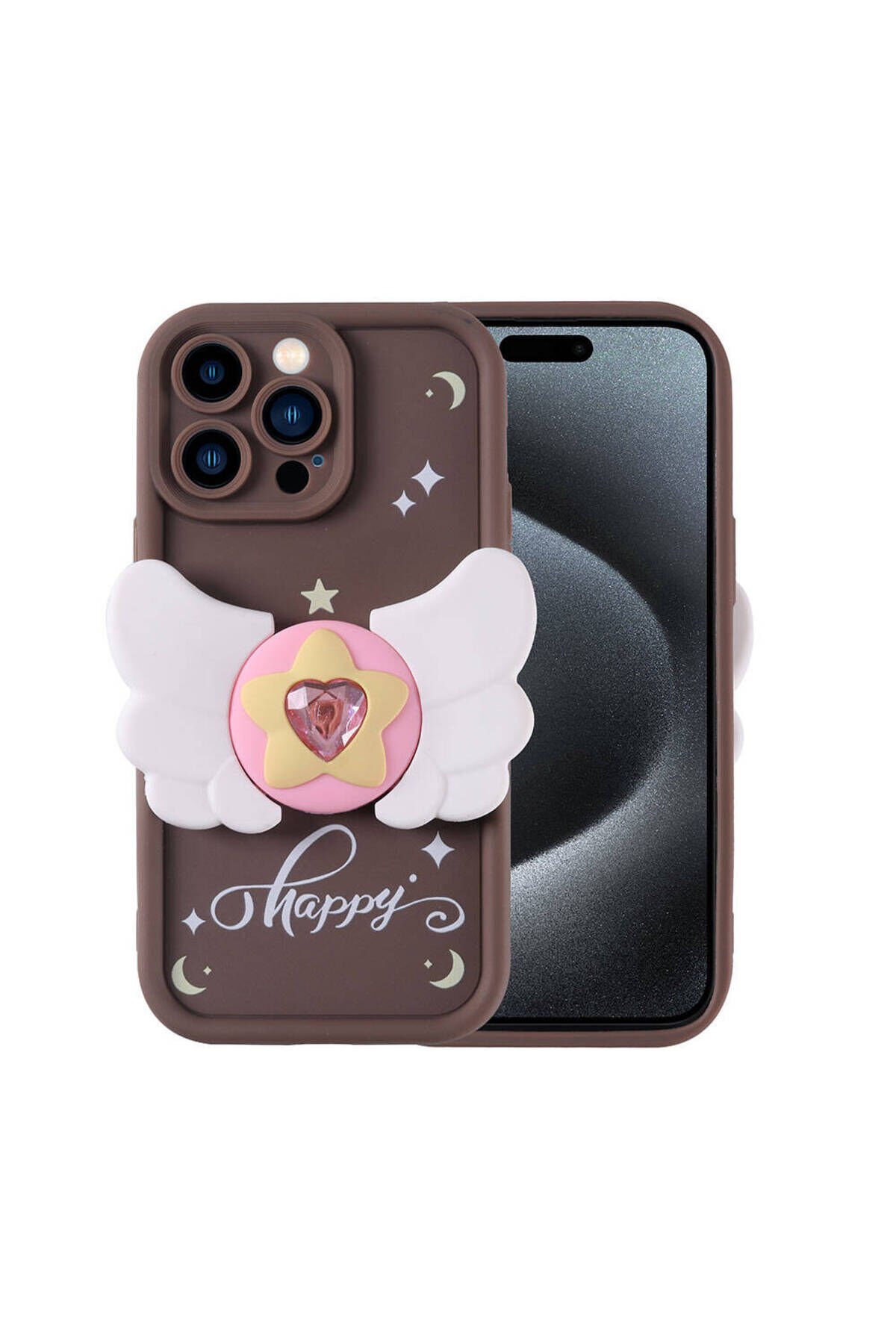 iPhone 15 Pro Max Kılıf Kamera Korumalı Figür Tasarımlı BSAY Kapya Kapak-Pembe Koyu Koyu Kahve