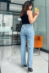 Sim Detaylı Jean Pantolon –  Yüksek Bel Denim Buz Mavi - 38