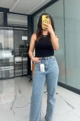 Sim Detaylı Jean Pantolon –  Yüksek Bel Denim Buz Mavi - 38