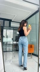 Sim Detaylı Jean Pantolon – Açık Mavi Yüksek Bel Denim açık mavi - 42