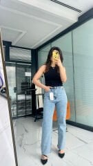 Sim Detaylı Jean Pantolon – Açık Mavi Yüksek Bel Denim açık mavi - 42