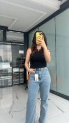 Sim Detaylı Jean Pantolon – Açık Mavi Yüksek Bel Denim açık mavi - 42