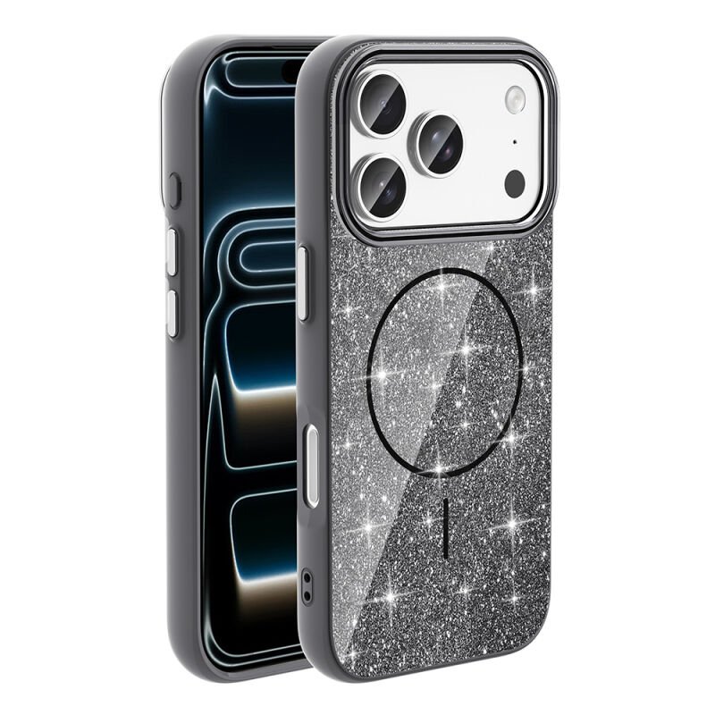 iPhone 17 Pro Kılıf M-safe Şarj Özellikli Parlayan Simli Zore Okso Kılıf Siyah