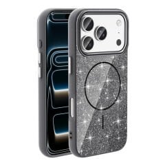 iPhone 17 Pro Kılıf M-safe Şarj Özellikli Parlayan Simli Zore Okso Kılıf Siyah