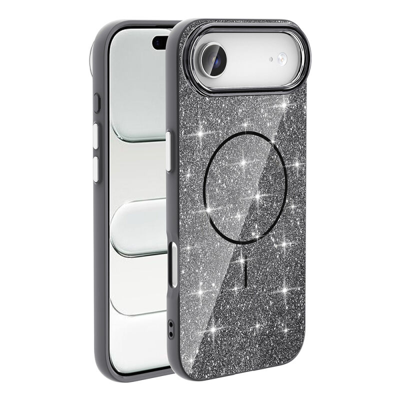 iPhone 17 Air Kılıf M-safe Şarj Özellikli Parlayan Simli Zore Okso Kılıf Siyah