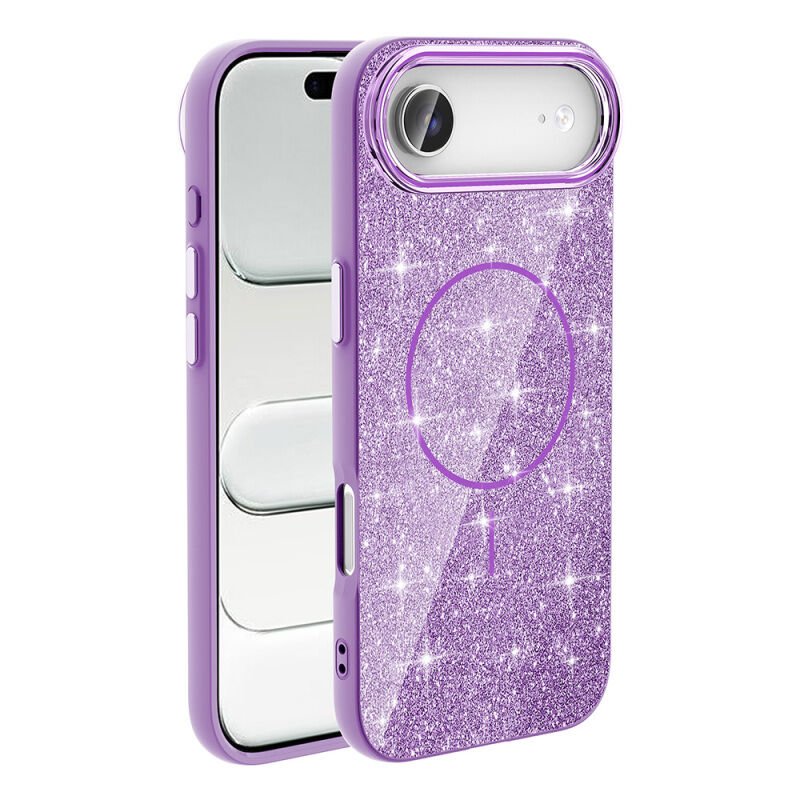 iPhone 17 Air Kılıf M-safe Şarj Özellikli Parlayan Simli Zore Okso Kılıf Mor