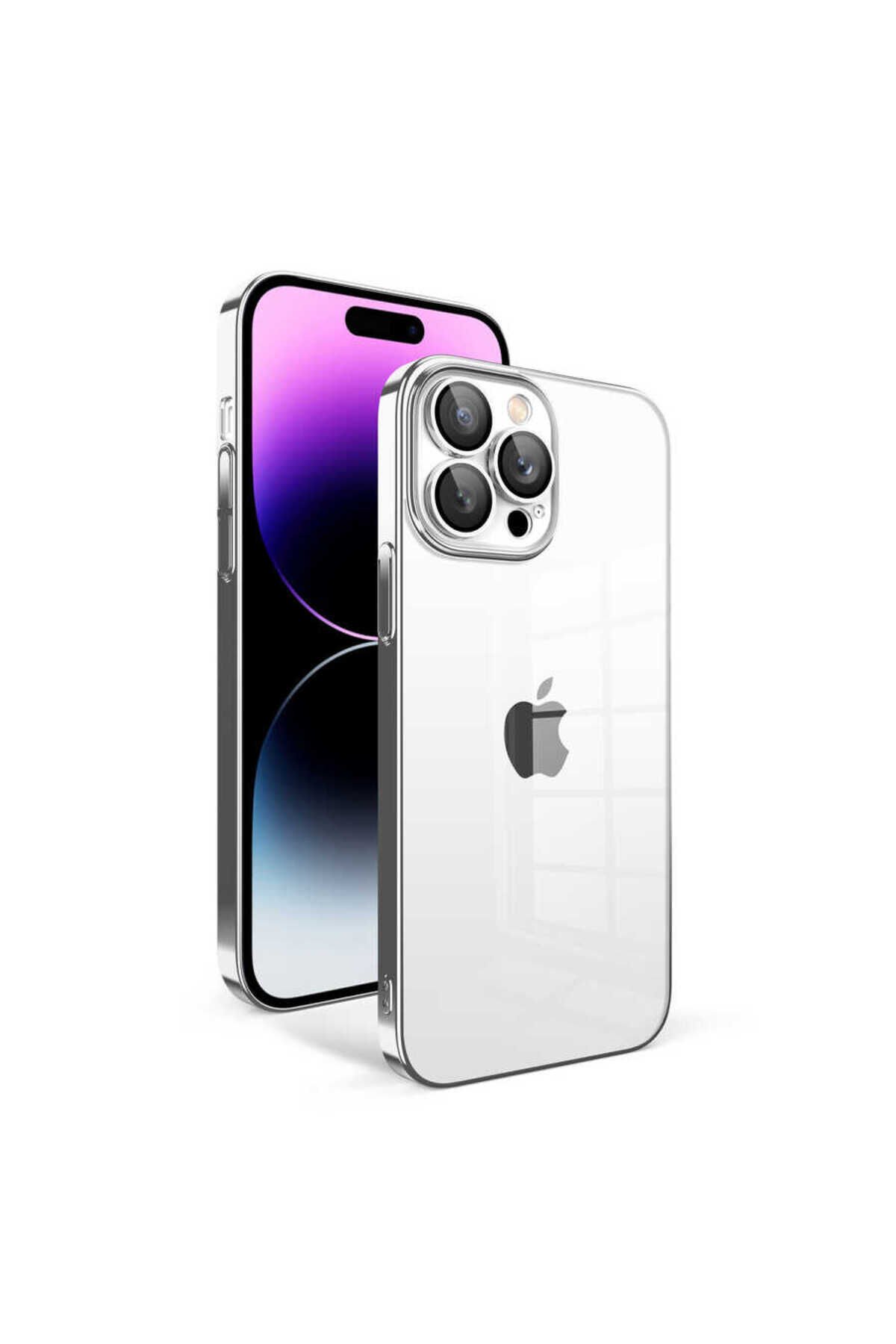 iPhone 14 Pro Max Uyumlu Kamera Korumalı Renkli Çerçeveli BSAY Garaj Kılıf-Gümüş Gümüş