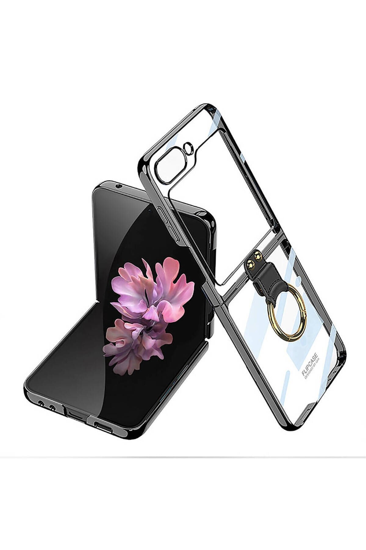 Galaxy Z Flip 6 Kılıf BSAY Yüzüklü Kıpta Kapak-Şeffaf Siyah