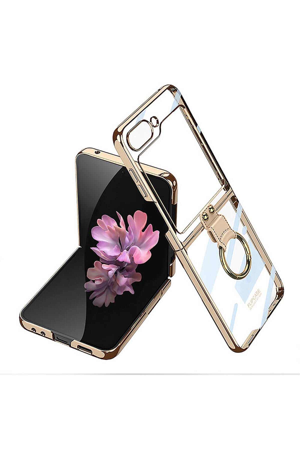 Galaxy Z Flip 6 Kılıf BSAY Yüzüklü Kıpta Kapak-Şeffaf Gold