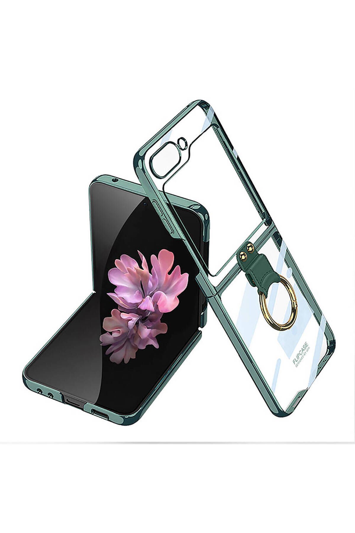 Galaxy Z Flip 6 Kılıf BSAY Yüzüklü Kıpta Kapak-Şeffaf Koyu Yeşil