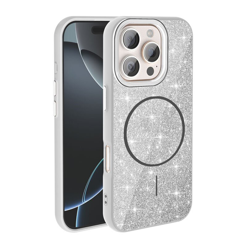 iPhone 16 Pro Max Kılıf M-safe Şarj Özellikli Parlayan Simli Zore Okso Kılıf