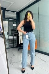 Sim Detaylı Jean Pantolon –  Yüksek Bel Denim Buz Mavi - 40