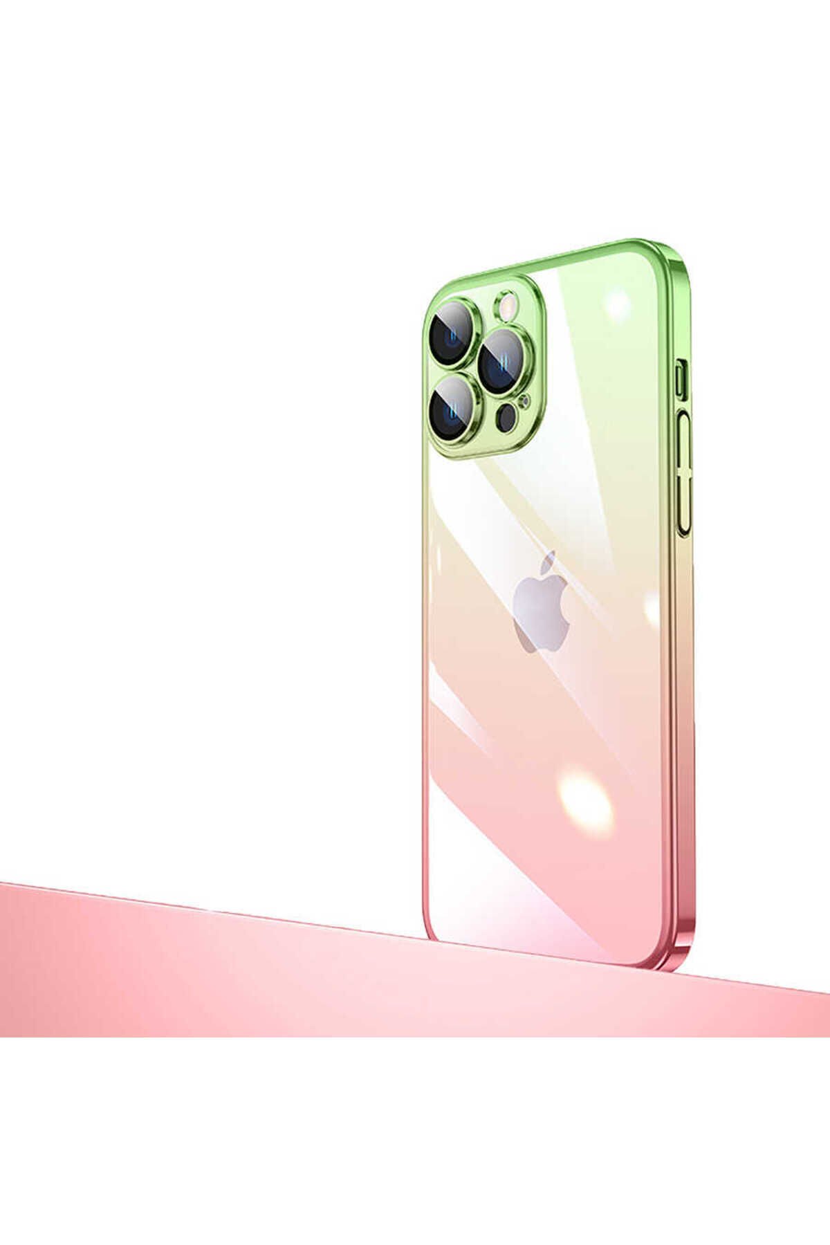 iPhone 12 Pro Uyumlu Parlak Renk Geçişli Kamera Korumalı BSAY Senkron Kılıf-Pembe-Yeşil Pembe-Yeşil