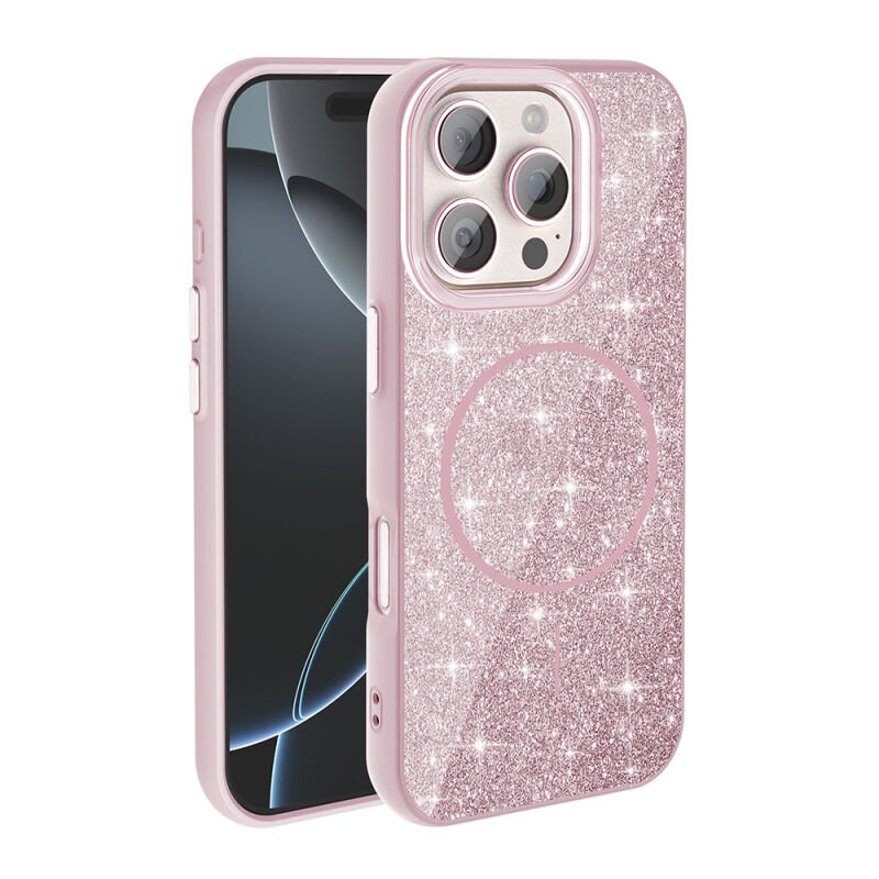 iPhone 16 Pro Max Kılıf M-safe Şarj Özellikli Parlayan Simli Zore Okso Kılıf Pembe