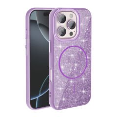 iPhone 16 Pro Max Kılıf M-safe Şarj Özellikli Parlayan Simli Zore Okso Kılıf Mor