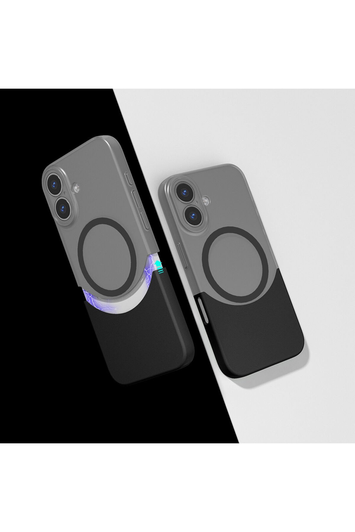 iPhone 16 Kılıf M-Safe Şarj Özellikli Mıknatıslı Duble Kapak - Siyah Şeffaf