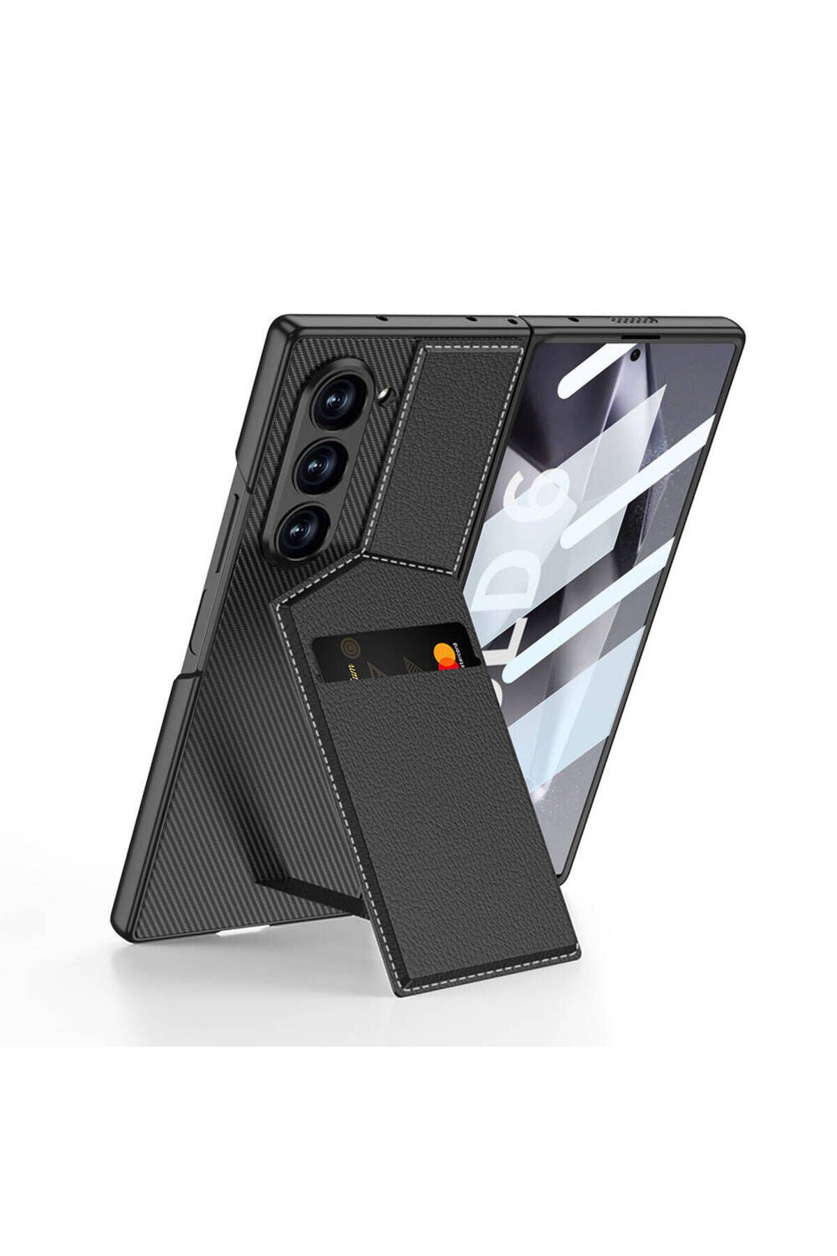Galaxy Z Fold 6 Kılıf Karbon Fiber Deri Kartlıklı BSAY Kıpta Dik Açılan Kartlıklı Kapak-Siyah Siyah