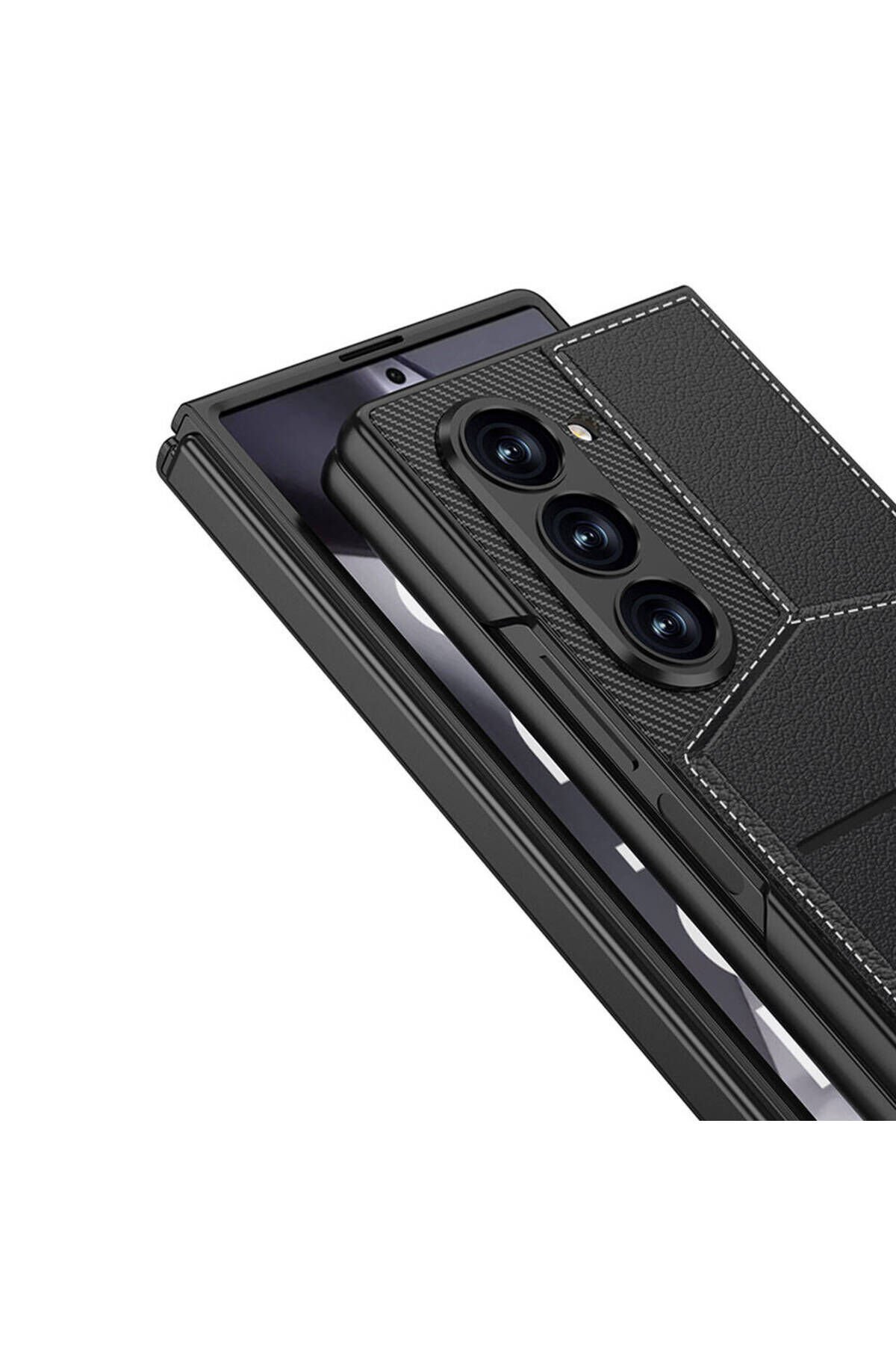 Galaxy Z Fold 6 Kılıf Karbon Fiber Deri Kartlıklı BSAY Kıpta Dik Açılan Kartlıklı Kapak-Siyah Siyah