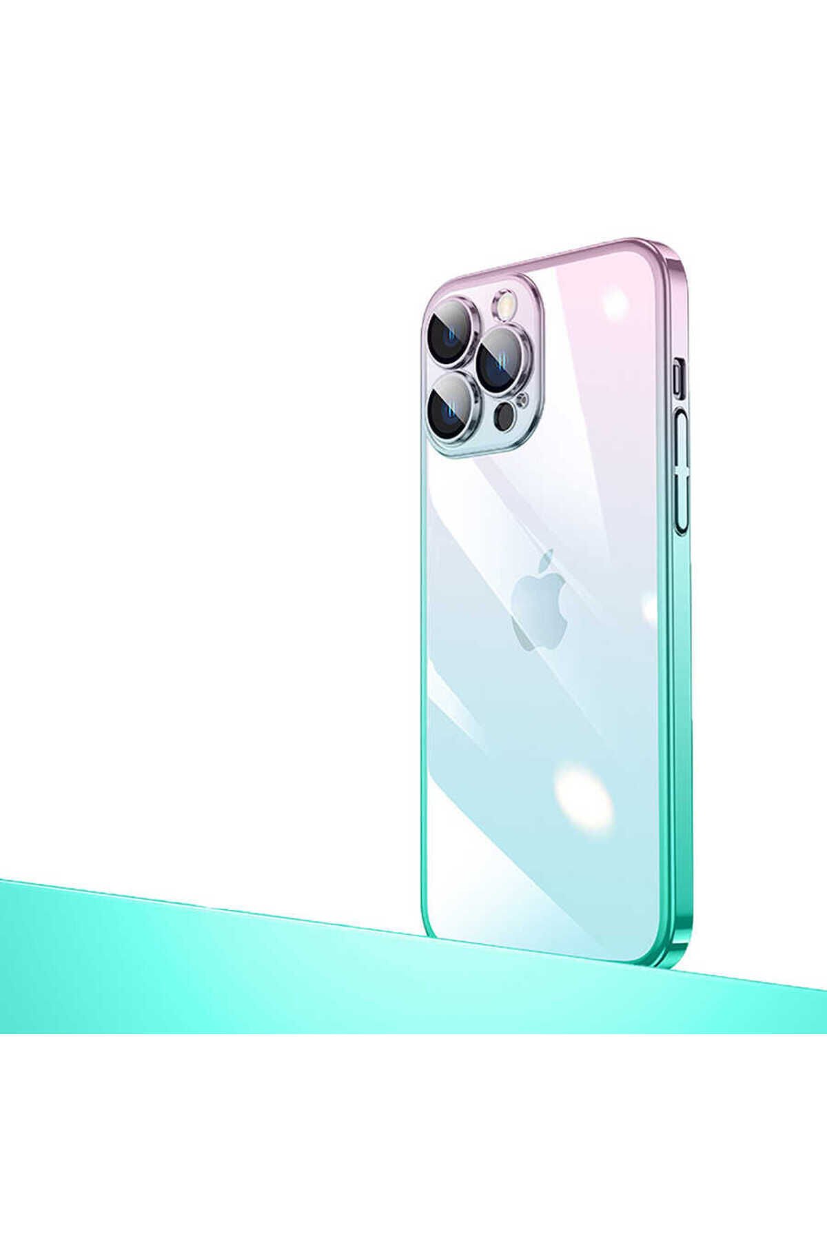 iPhone 13 Pro Uyumlu Parlak Renk Geçişli Kamera Korumalı BSAY Senkron Kılıf-Yeşil-Mavi Pembe-Mavi
