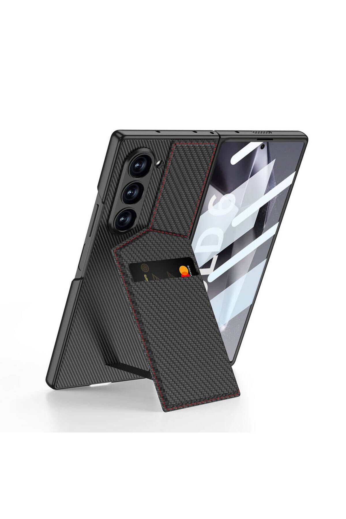 Galaxy Z Fold 6 Kılıf Karbon Fiber Kartlıklı BSAY Kıpta Dik Açılan Kartlıklı Kapak-Siyah Siyah