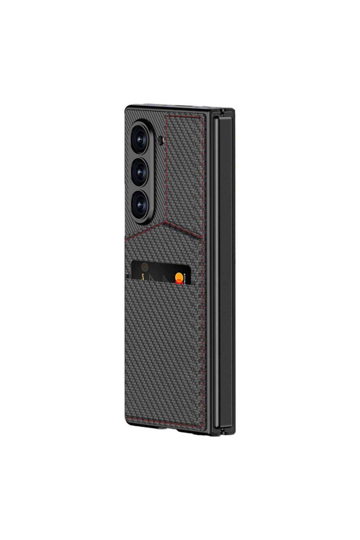 Galaxy Z Fold 6 Kılıf Karbon Fiber Kartlıklı BSAY Kıpta Dik Açılan Kartlıklı Kapak-Siyah Siyah