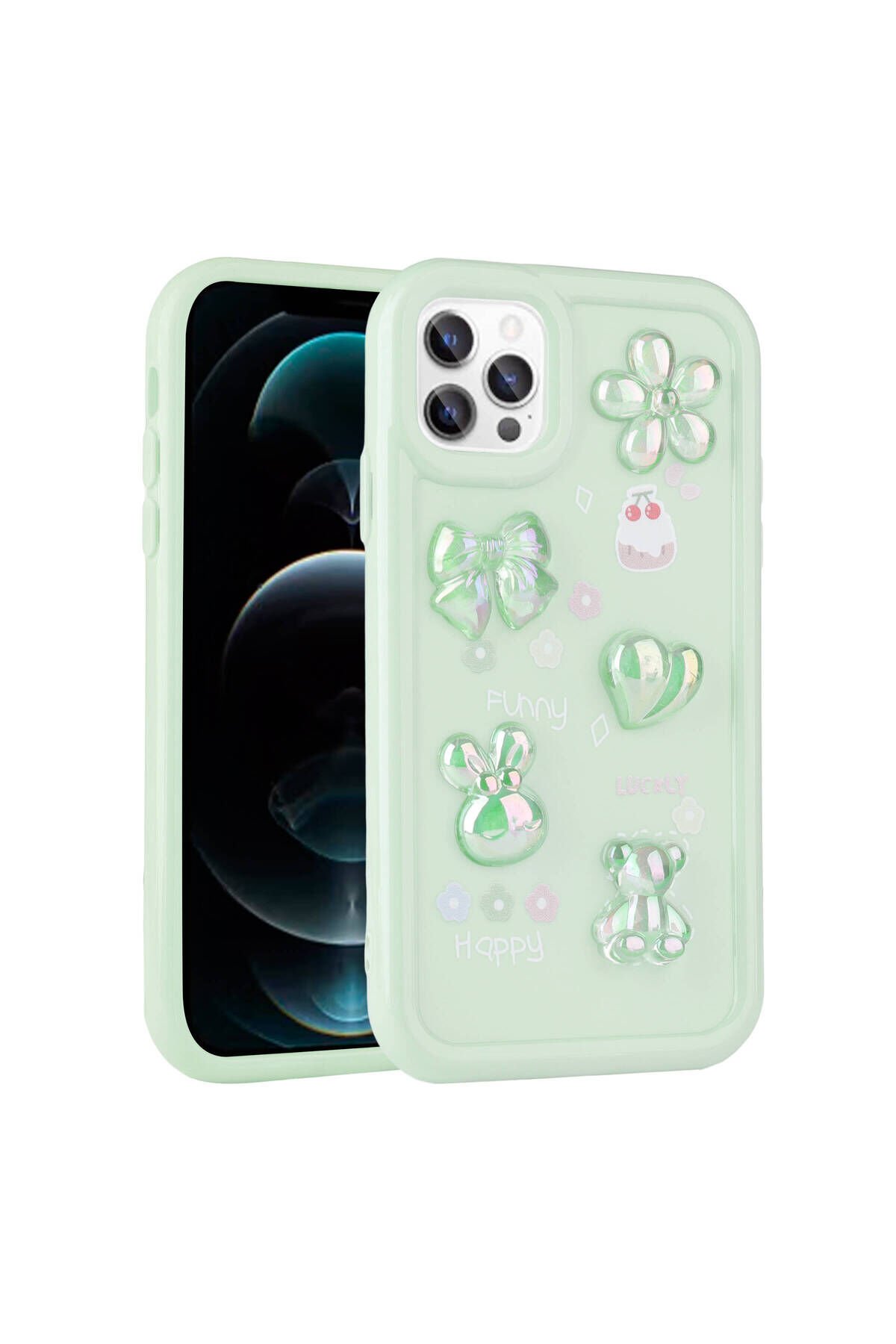 iPhone 13 Pro Max Kılıf Kabartma Figürlü Parlak BSAY Toys Silikon Kapak - Açık Yeşil Açık Yeşil