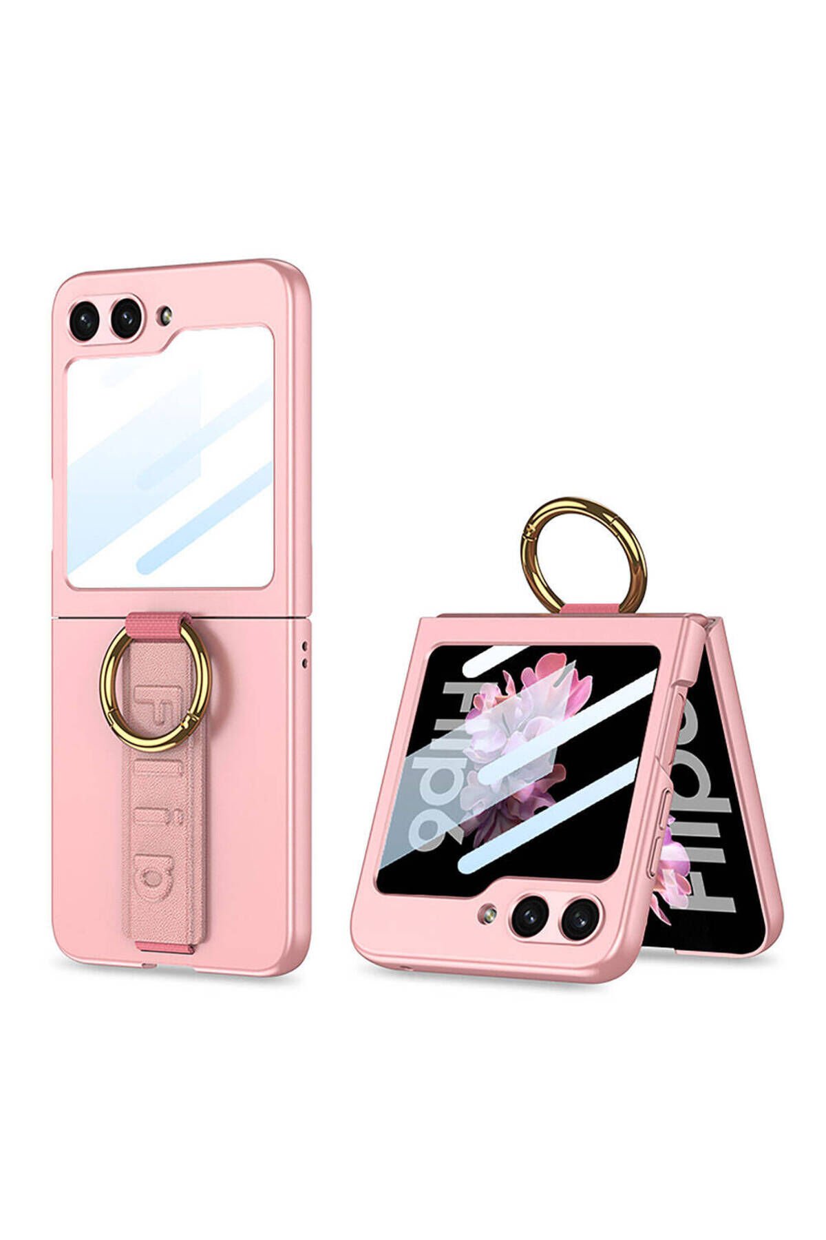 Galaxy Z Flip 6 Kılıf Kamera Korumalı Yüzüklü BSAY Flip Ring Kıpta Kapak-Pembe Pembe