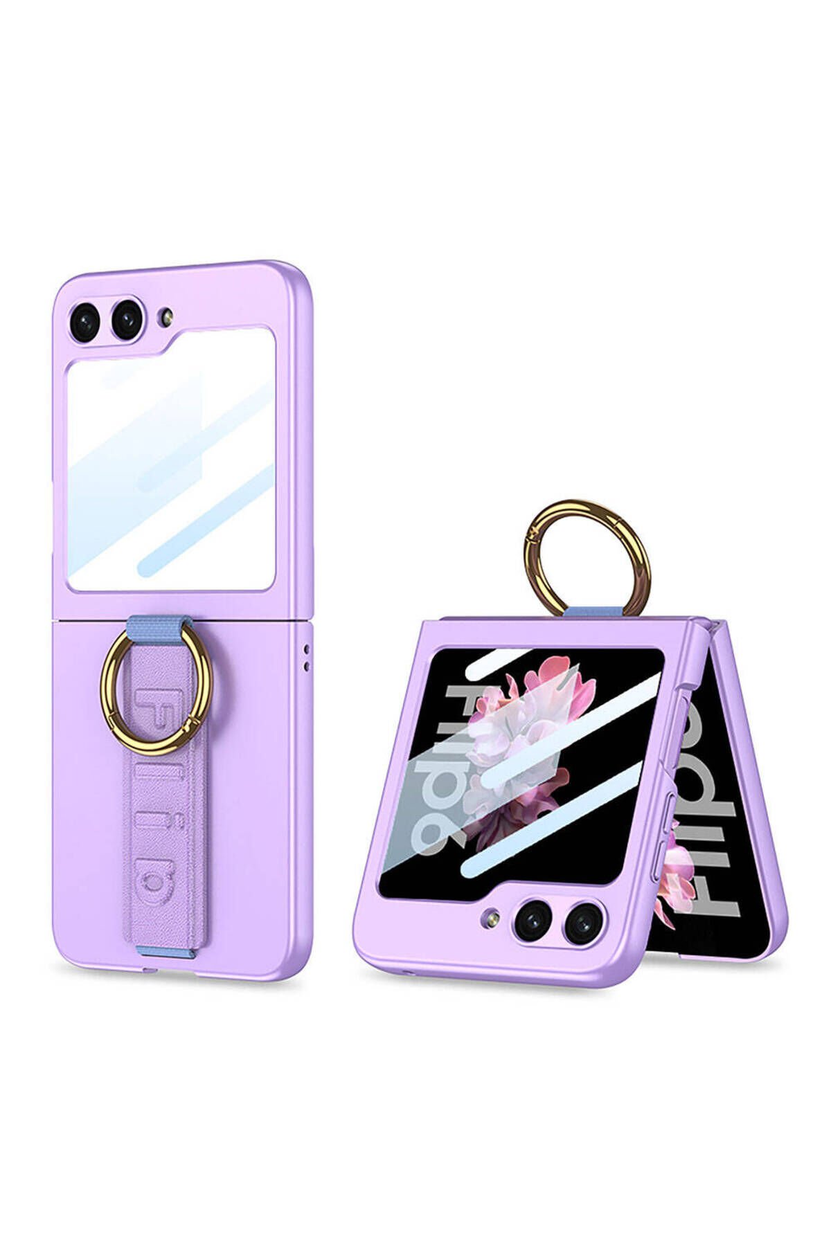 Galaxy Z Flip 6 Kılıf Kamera Korumalı Yüzüklü BSAY Flip Ring Kıpta Kapak-Pembe Mor