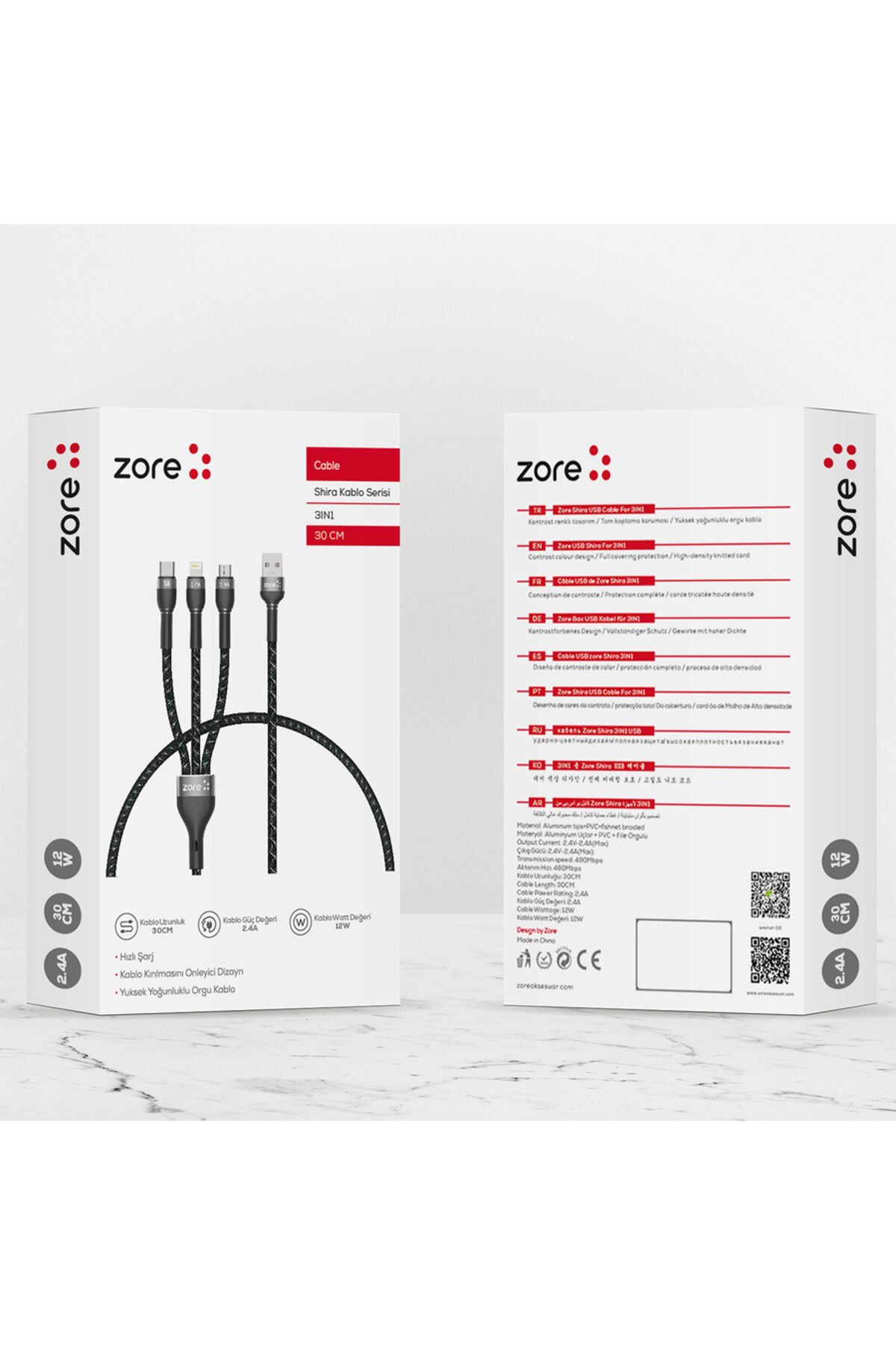 Siyah Shira Serisi 3 in 1 USB Kablo 30cm-BSAY Siyah