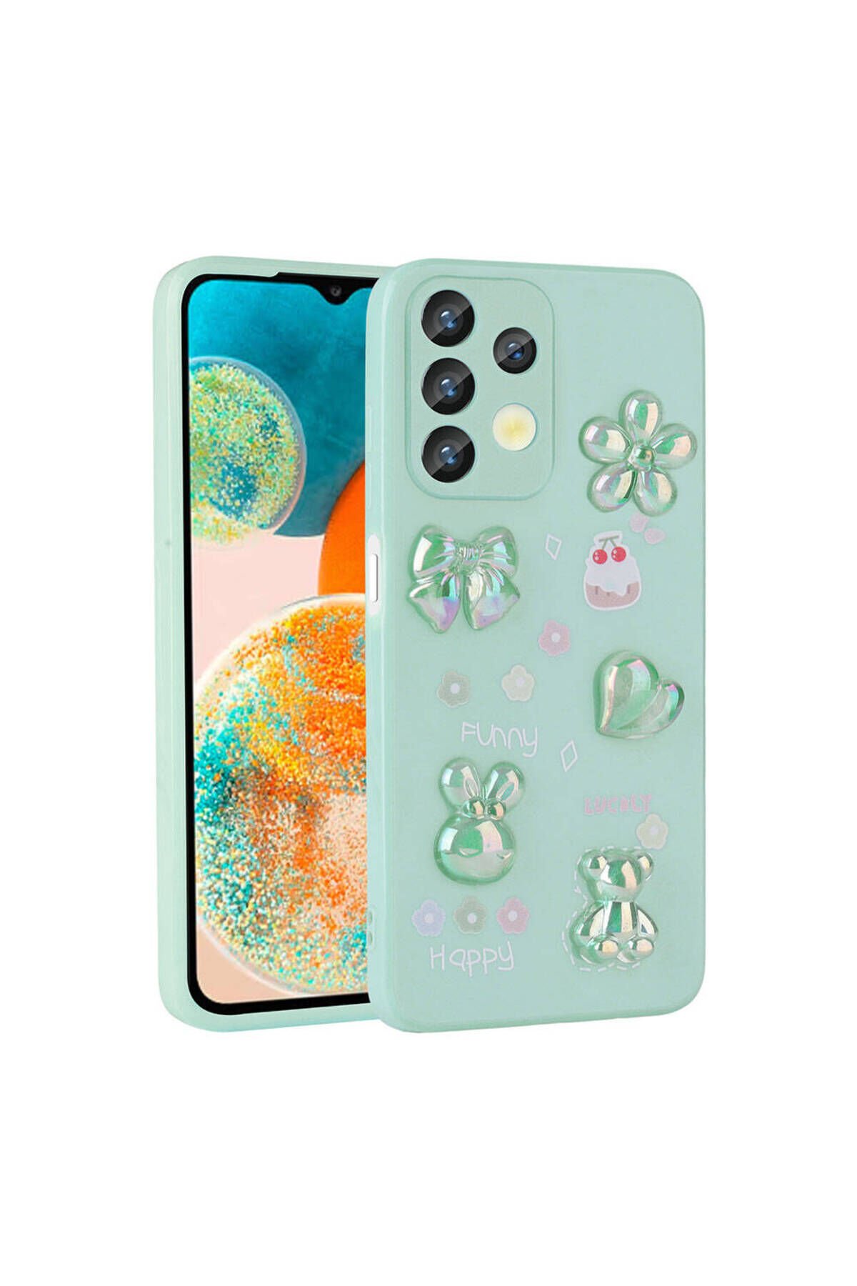 Galaxy A13 4G Kılıf Kabartma Figürlü Parlak BSAY Toys Silikon Kapak - Beyaz Açık Yeşil