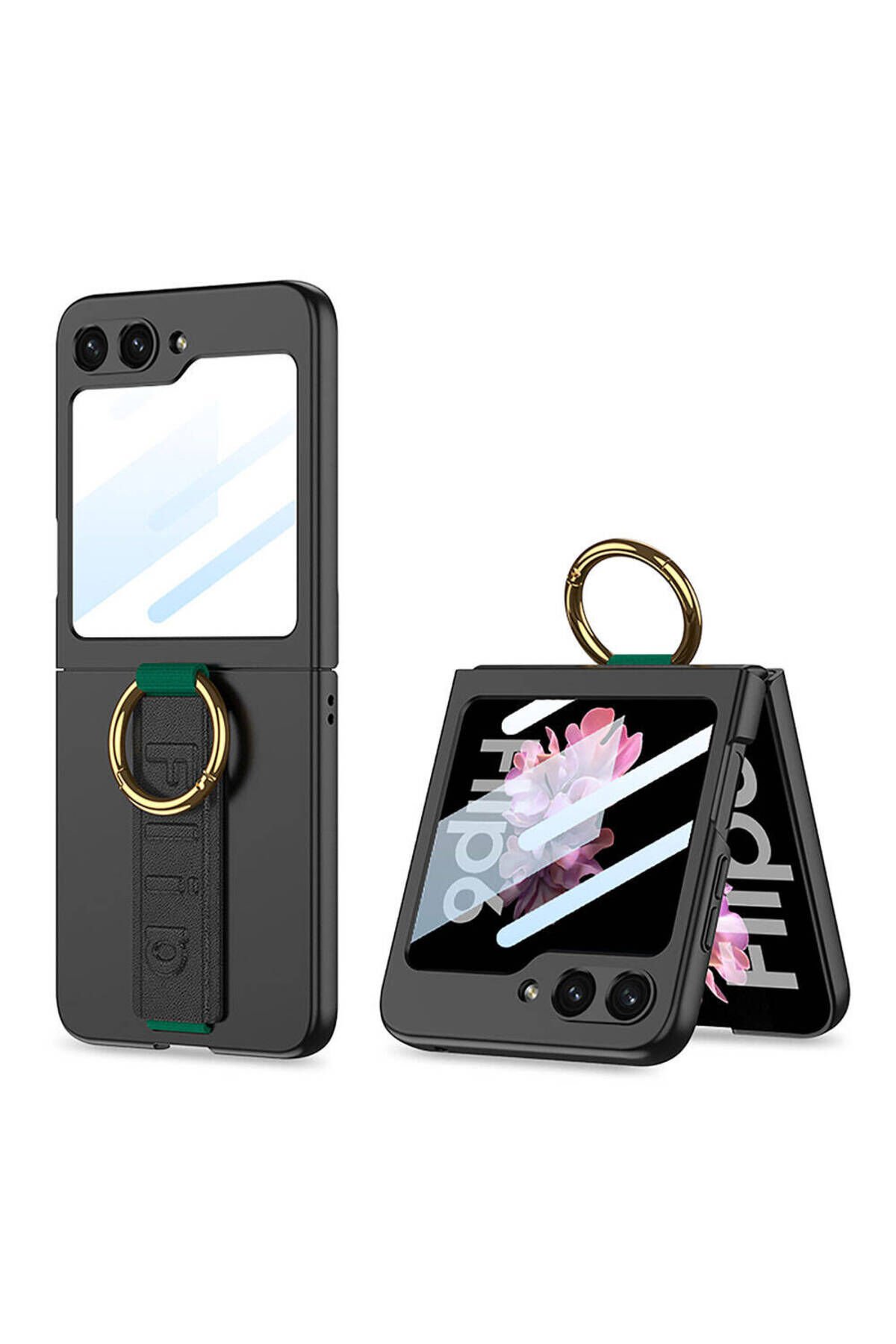 Galaxy Z Flip 6 Kılıf Kamera Korumalı Yüzüklü BSAY Flip Ring Kıpta Kapak-Pembe Siyah