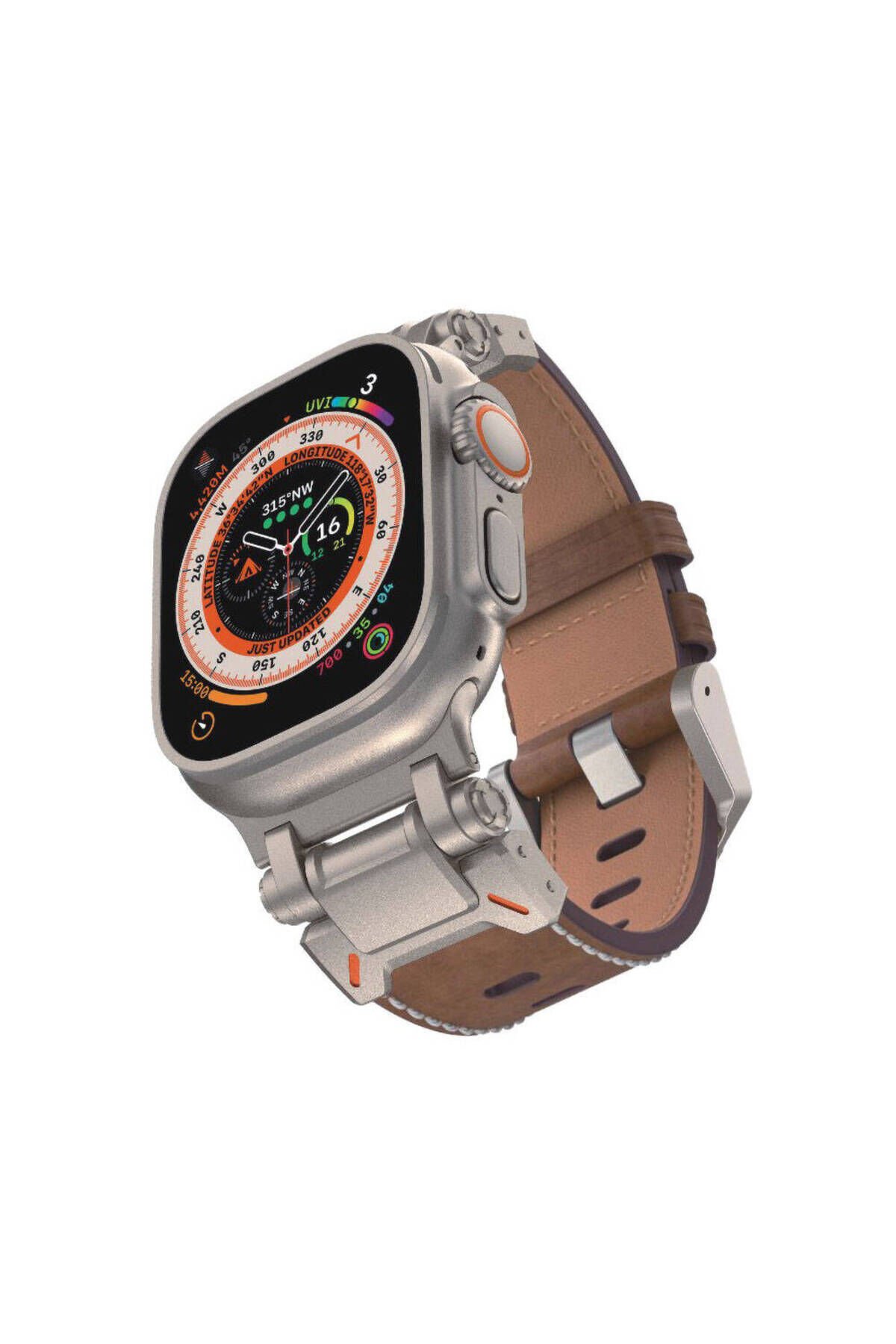 Watch 44mm BSAY- KRD-114 Metal Başlıklı Suni Deri Kordon-Açık Kahve