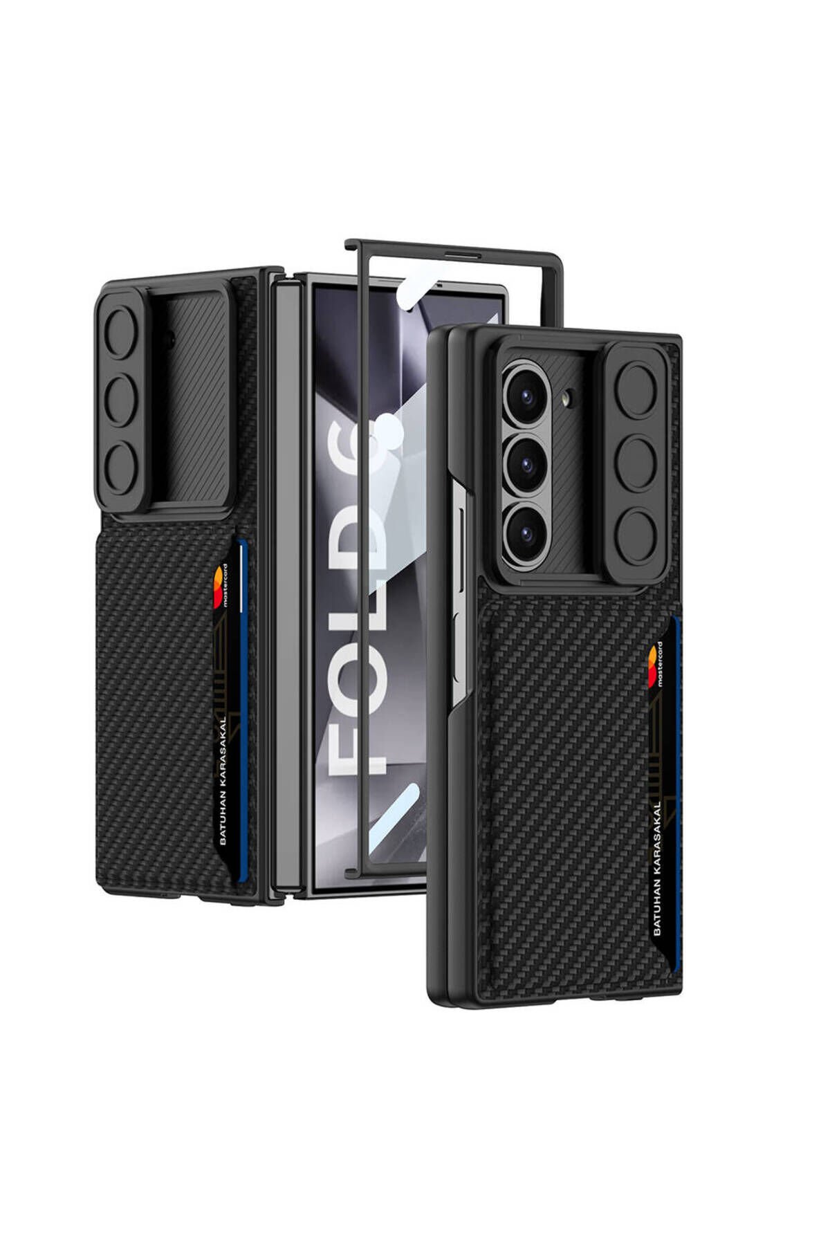 Galaxy Z Fold 6 Kılıf Kamera Korumalı Karbon Fiber Arka Yüzey BSAY Kartlıklı Kıpta Sert Kapak-Siyah Siyah