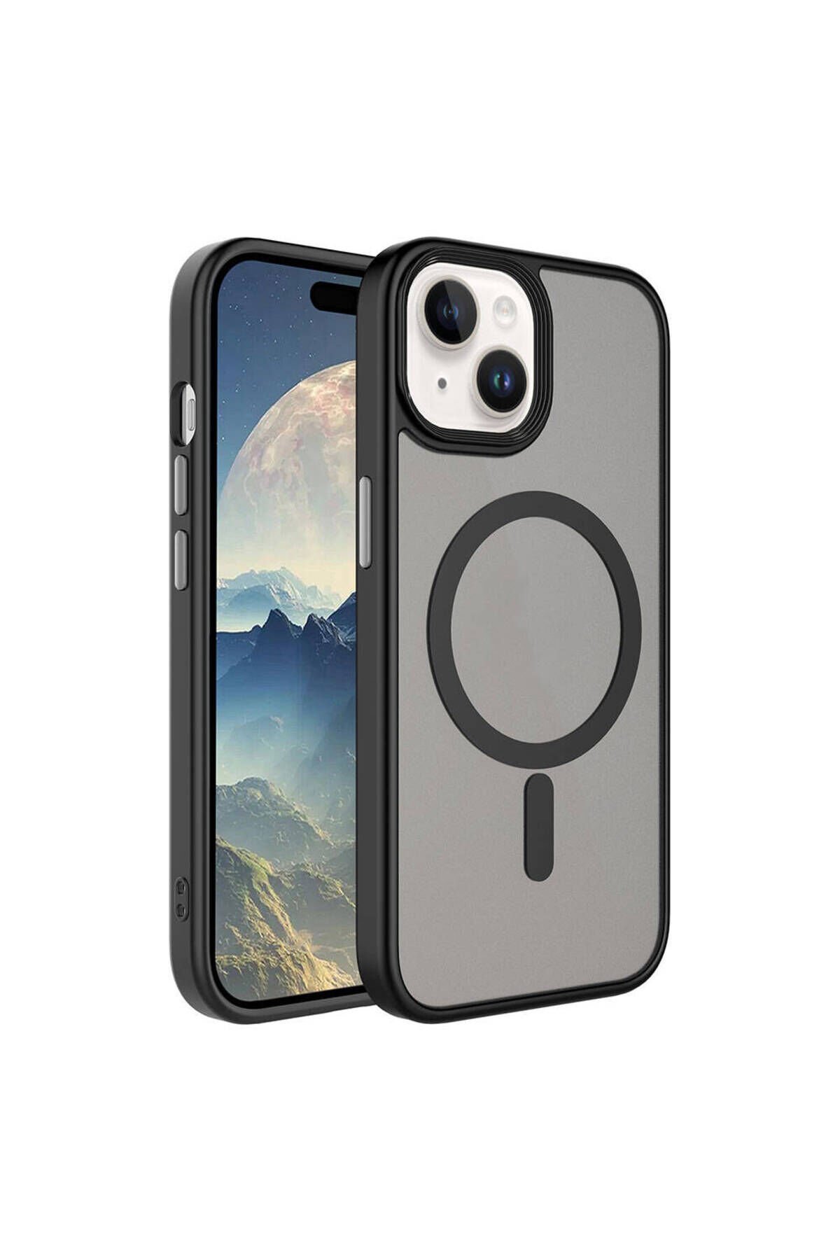 iPhone 15 Plus Uyumlu Mat Arka Yüzey Wireless Şarj Özellikli BSAY Flet Magsafe Kılıf-Siyah Siyah
