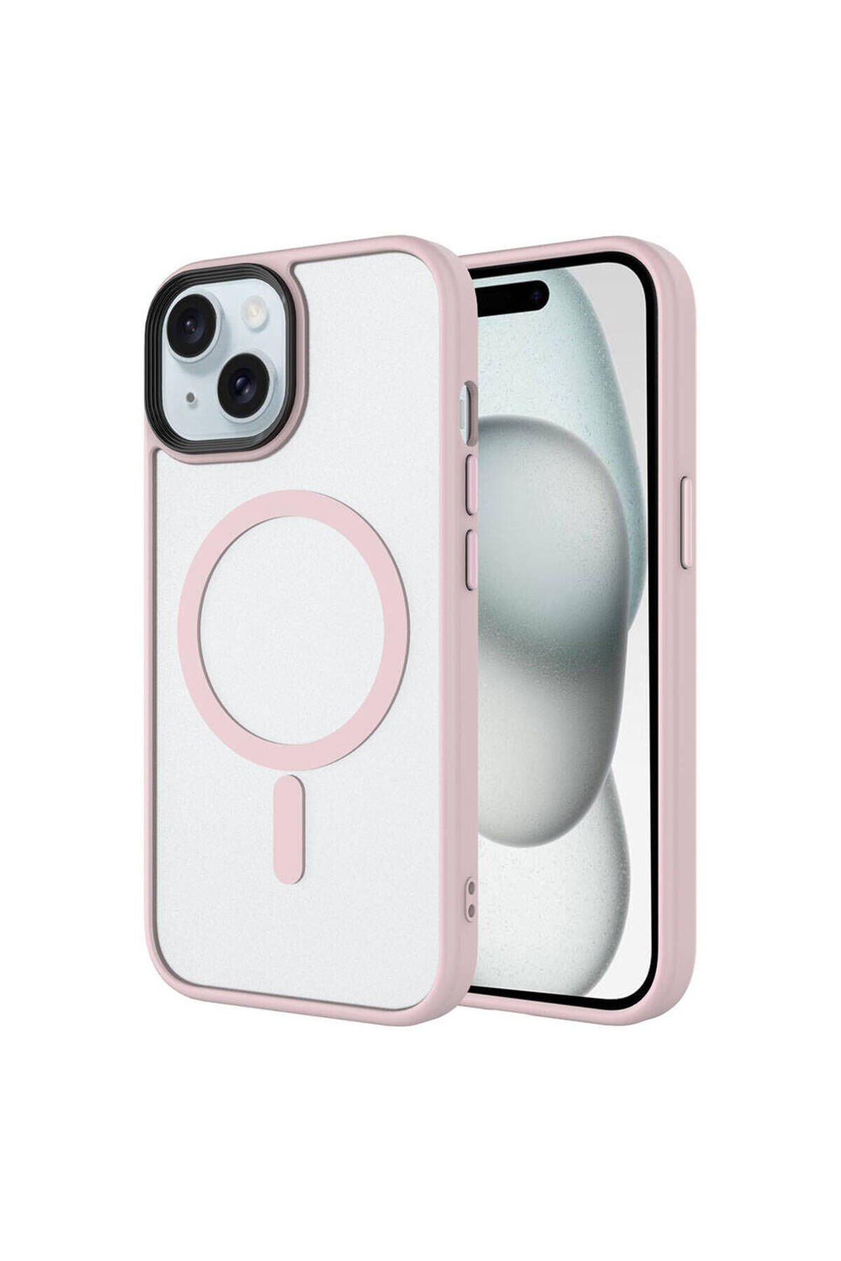 iPhone 15 Plus Uyumlu Mat Arka Yüzey Wireless Şarj Özellikli BSAY Flet Magsafe Kılıf-Siyah Pembe